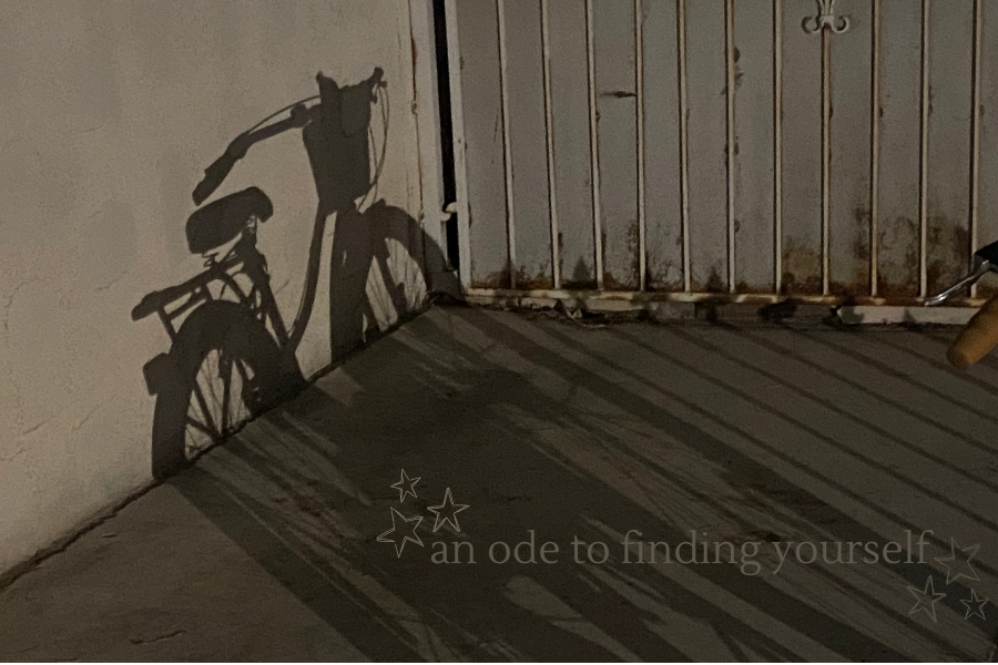 shadow of a bike against a concrete fence and white gate, finding yourself