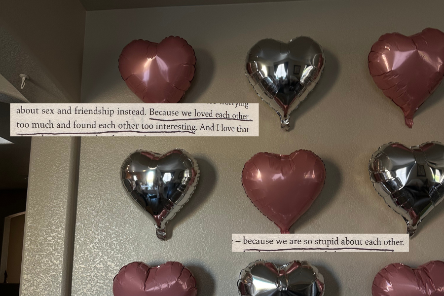 pink and silver heart balloons on a wall with three quotes over it