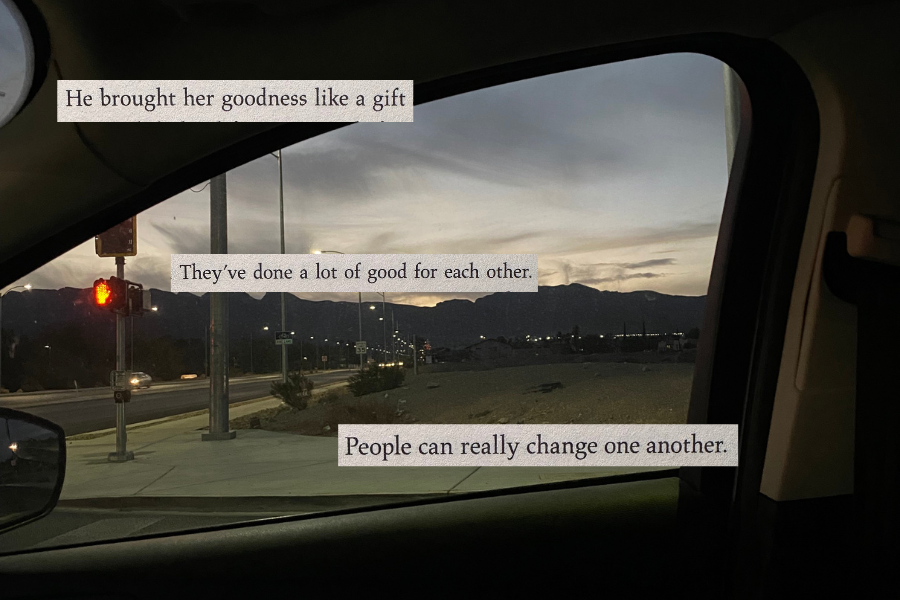 picture of a car door window with three love quotes ontop