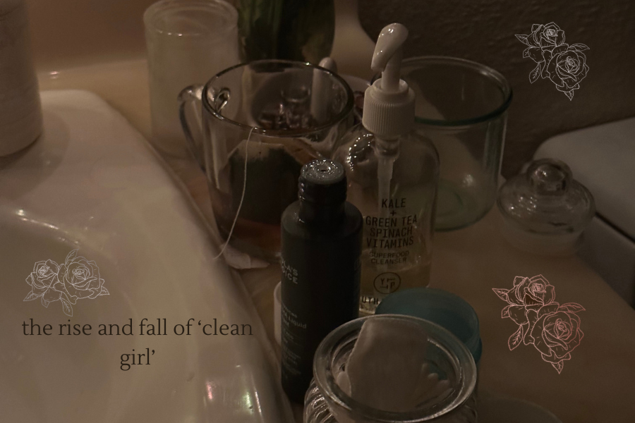 skincare products sitting on bathroom counter with tea mug, clean girl 