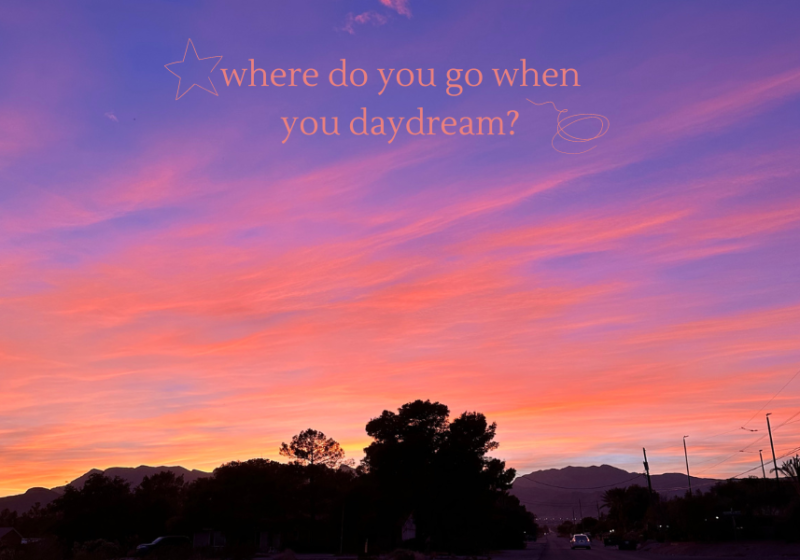 purple and orange sunset with title over it, daydreams