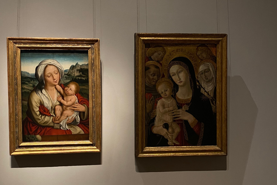 two paintings of mothers holding babies